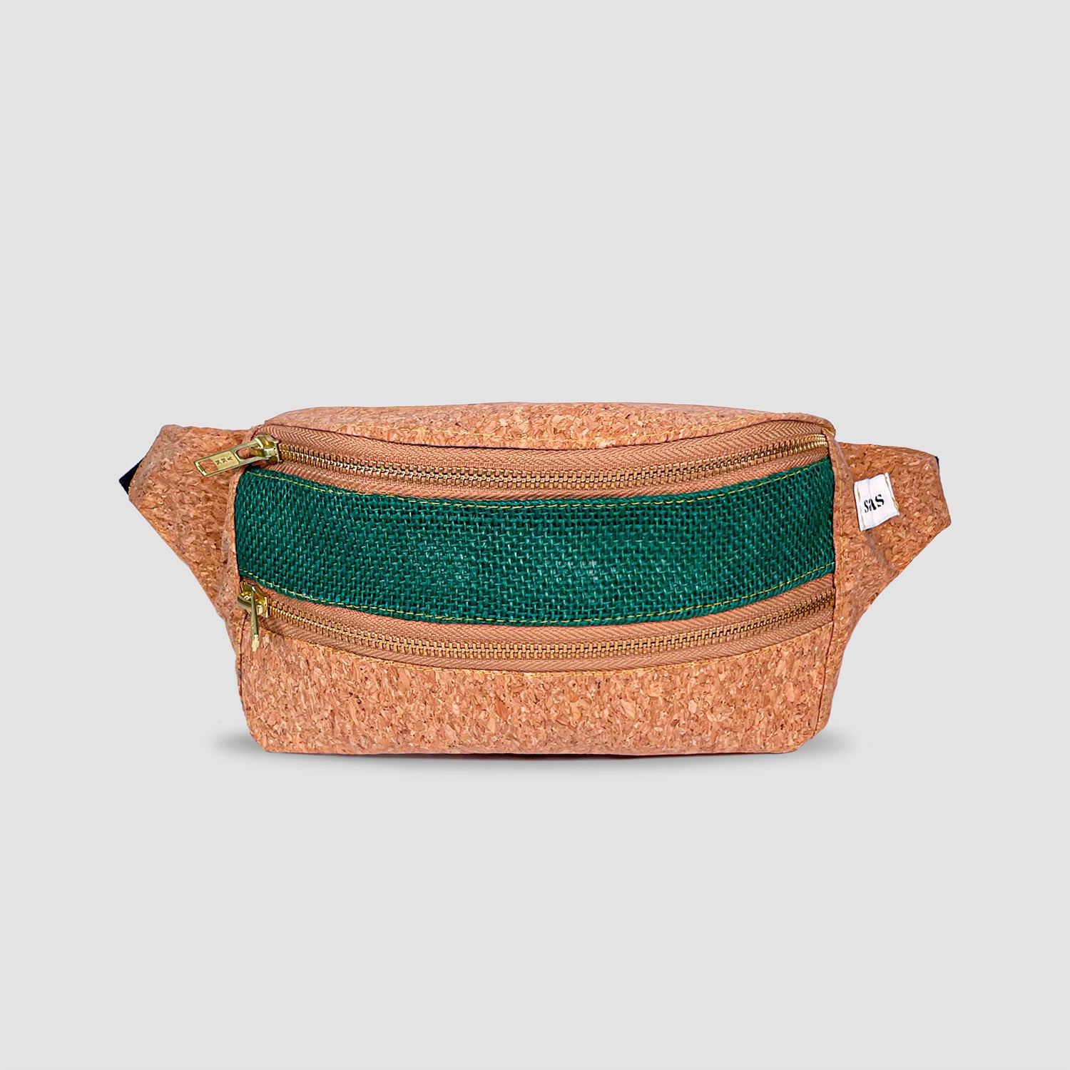 riñonera/bandolera minty cork vista de frente material corcho color natural, yute color verde 
